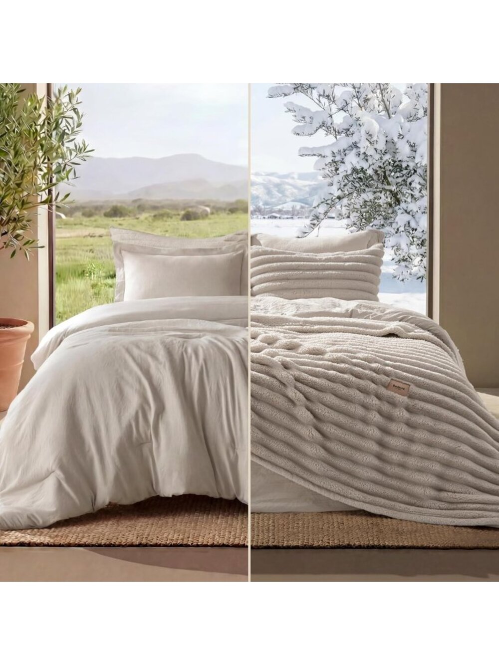 Cozy 2-in-1 Queen Comforter Set with Detachable Fleece Blanket, Beige Color